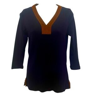 RALPH LAUREN Womens S Tunic Top Navy Blue w/ Faux Brown Suede Trim 100% Cotton